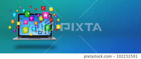 Flying icons around a laptop. Cloud computing concept Flying icons around a laptop. Cloud computing concept 102252581