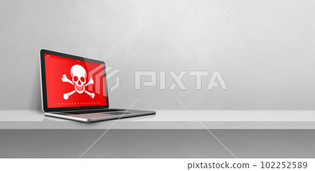 Laptop on a shelf with a pirate symbol on screen. Hacking concept Laptop on a shelf with a pirate symbol on screen. Hacking concept 102252589