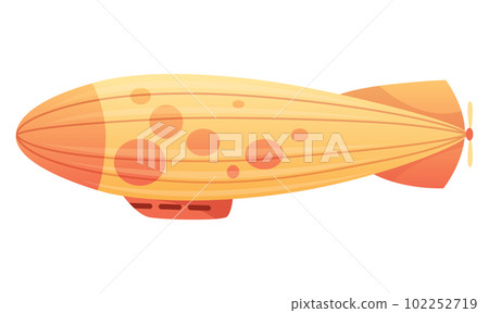 Zeppelin passenger airship. Bright colored cigar shaped balloon or retro zeppelin with stripes cabin for people elongated. Huge balloon with helium for free travel tourism. Vector cartoon art 102252719