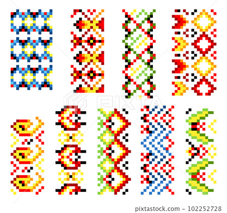 Ukrainian traditional embroidery. Set of patterns for cross stitching decoration. Cross-stitch traditional folk. Vector illustration of ethnic seamless ornamental geometric design Ukrainian traditional embroidery. Set of patterns for cross stitching decoration. Cross-stitch traditional folk. Vector illustration of ethnic seamless ornamental geometric design 102252728