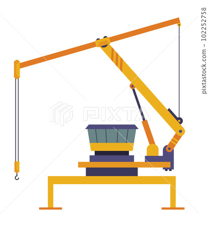 Hoisting crane icon. Construction crane. Equipment in flat style. Yellow industrial heavy machine. Lifter doing heavy lifting 102252758