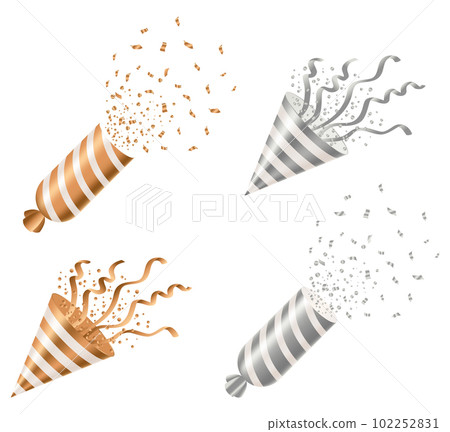Party poppers with spraying confetti and streamer. Golden festive decoration element of paper cone and tinsel isolated on white background. Vector holiday event attribute 102252831