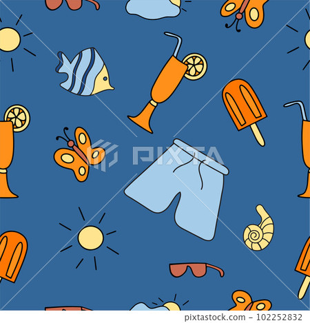 Summer seamless pattern. Doodle style. Accessories for relaxing by the sea. Suitable for printing, textiles, backgrounds, wallpaper, wrapping paper, packaging. Blue background. Summer seamless pattern. Doodle style. Accessories for relaxing by the sea. Suitable for printing, textiles, backgrounds, wallpaper, wrapping paper, packaging. Blue background. 102252832