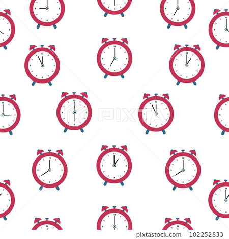 Seamless pattern of red alarm clocks showing different times. Vector illustration in a flat style, isolated on a white background. Seamless pattern of red alarm clocks showing different times. Vector illustration in a flat style, isolated on a white background. 102252833