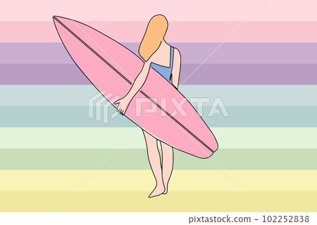 Continuous drawing of a surfer girl with a surfboard, drawing of a single line of a surfer girl Continuous drawing of a surfer girl with a surfboard, drawing of a single line of a surfer girl 102252838