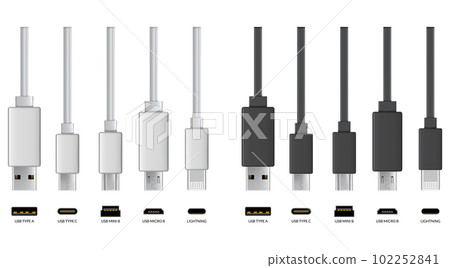 Usb cable connectors. Realistic vector set of phone jacks for cabling in white and black color. Cable for charging or transmitting information for modern electronic devices Usb cable connectors. Realistic vector set of phone jacks for cabling in white and black color. Cable for charging or transmitting information for modern electronic devices 102252841