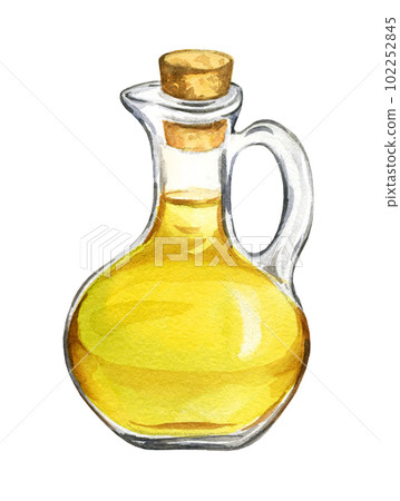 watercolor bottle with olive oil, glass transparant jug with yellow oil, italian theme, hand drawn illustration isolated on white background watercolor bottle with olive oil, glass transparant jug with yellow oil, italian theme, hand drawn illustration isolated on white background 102252845