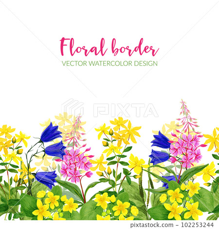 Watercolor seamless border, wild yellow, pink and blue Watercolor seamless border, wild yellow, pink and blue 102253244