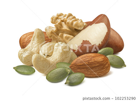 Cashew, almond, walnut and brazil nuts, pumpkin seeds isolated on white background 102253290