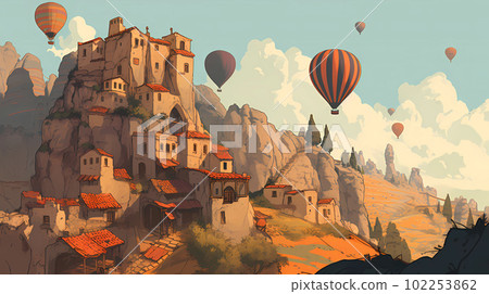 Illustration of beautiful view of unusual rocky landscape in Cappadocia, Turkey 102253862