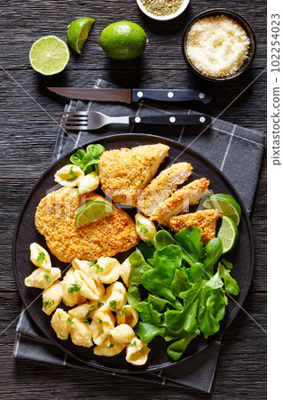 breaded chicken fillet with alfredo pasta shells 102254023
