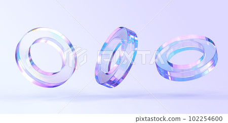 Glass or crystal ring in different angle view, 3d render. Abstract figure of geometric shape with holographic gradient texture, isolated glossy iridescent object, set of graphic icons. 3D illustration 102254600