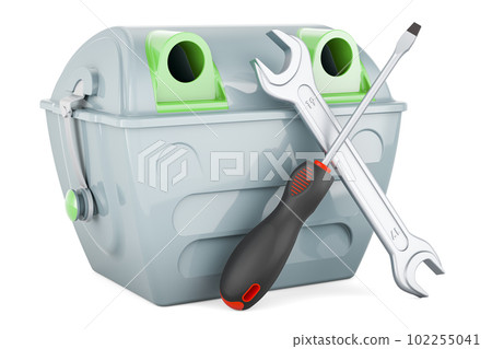 Gray garbage container with screwdriver and wrench. 3D rendering 102255041