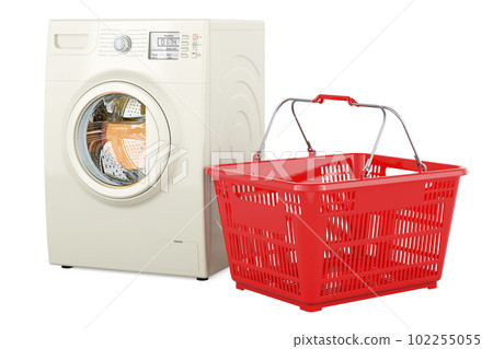 Washing machine with shopping basket. 3D rendering Washing machine with shopping basket. 3D rendering 102255055