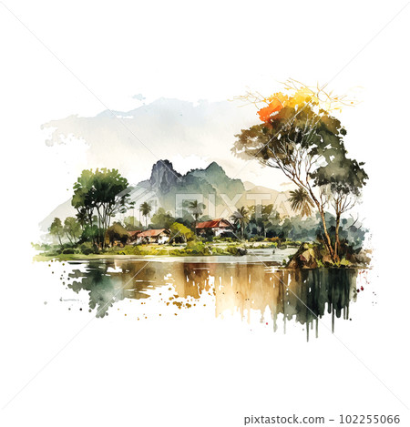 Beautiful landscape Vietnam watercolor sketch illustration on white backdrop. Summer vacation illustration. Asian agriculture. Sketch drawing. 102255066