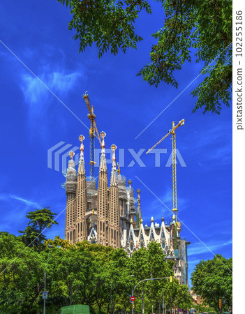 Barcelona Sagrada Familia church against the blue sky 102255186