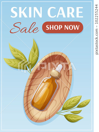 Skin care sale poster. Oil serum in a wooden bowl surrounded by green leaves. Health and beauty. Skin care sale poster. Oil serum in a wooden bowl surrounded by green leaves. Health and beauty. 102255244