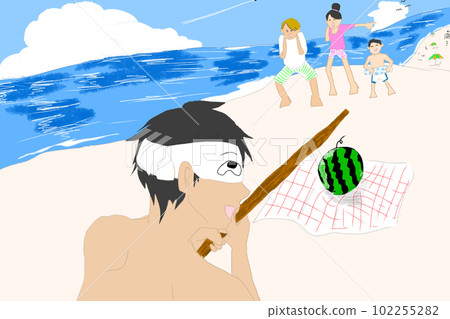 夏天,年輕人在沙灘上享受劈西瓜的樂趣。海玩。 夏天,年輕人在沙灘上享受劈西瓜的樂趣。海玩。 102255282