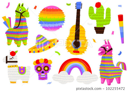 Mexican pinatas donkey and llama, colorful toys with treats. Mexican Party Mexican pinatas donkey and llama, colorful toys with treats. Mexican Party 102255472