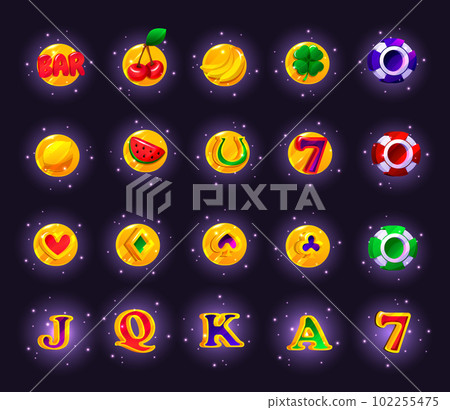 Casino game slot machine icon. Vector gambling machine badge kit, fruit set, cards, bonus sign, golden chips coin. Online spinning, having mobile entertainment Casino game slot machine icon. Vector gambling machine badge kit, fruit set, cards, bonus sign, golden chips coin. Online spinning, having mobile entertainment 102255475