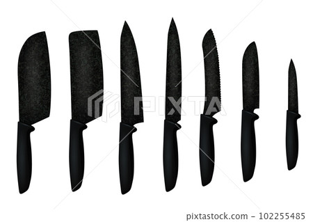 Kitchen knives hanging set isolated. meat chef cutting hatchet, cooking cutlery types. Sharp blade cooking tool for kitchen, folding combat knife, kitchenware for cutting of stainless steel 102255485