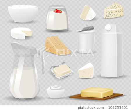 Dairy products isolated on realistic style vector illustration. Different natural milk drinks and food, 3d packaging with blank label, yogurt, butter and cheese 102255491