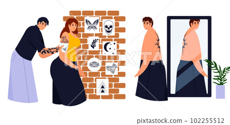 Tattoo artists work process from designing, drawing to tattooing with needle machine. Tattooist with equipment and client in salon. Artist Paint Human Body Back Shoulder in Studio. Tattoo artists work process from designing, drawing to tattooing with needle machine. Tattooist with equipment and client in salon. Artist Paint Human Body Back Shoulder in Studio. 102255512