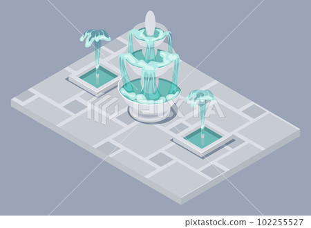 Isometric fountain with outdoor park cascade isolated vector illustration EPS10. Isometric fountain with outdoor park cascade isolated vector illustration EPS10. 102255527