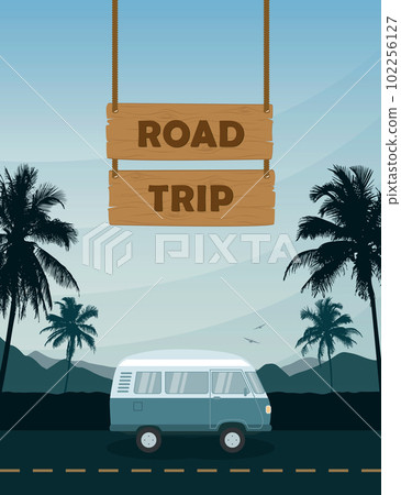 summer paradise road trip with camper van at sunset on tropical palm landscape 102256127