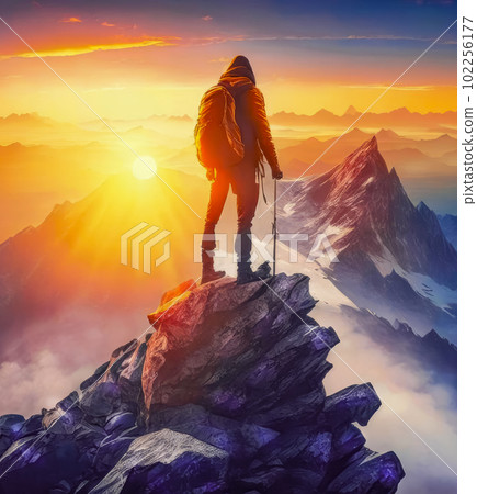 The traveler stands on the top of the mountain and looks at the sunrise. The traveler stands on the top of the mountain and looks at the sunrise. 102256177