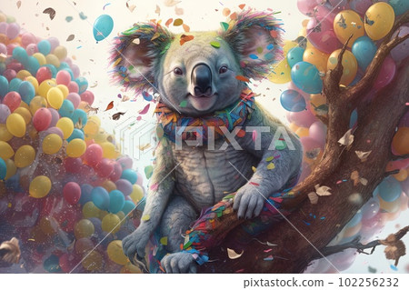 Cute koala sitting on a tree on rainbow balloons and confetti background illustration generative ai 102256232
