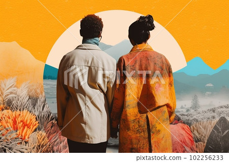 LGBTQ + couples and multi - racial couples , abstract concept, collage art, view from the back illustration generative ai 102256233