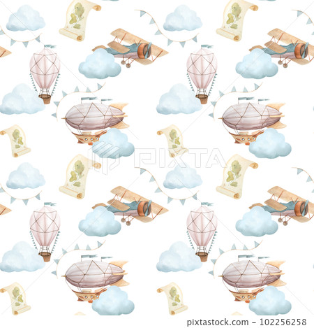 Watercolor seamless pattern with vintage cute fairy tale cartoon clouds, retro plane, hot air baloon, aerostat and blue flags, map on white background Watercolor seamless pattern with vintage cute fairy tale cartoon clouds, retro plane, hot air baloon, aerostat and blue flags, map on white background 102256258