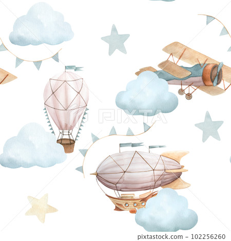 Watercolor seamless pattern with vintage cute fairy tale cartoon clouds, retro plane, hot air baloon, aerostat and blue flags, stars on white background 102256260