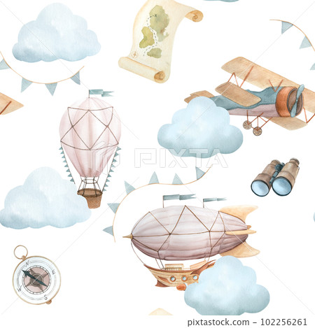 Watercolor seamless pattern with vintage cute fairy tale cartoon clouds, retro plane, hot air baloon, aerostat and blue flags, binoculars, compass, map, and yellow stars on white background Watercolor seamless pattern with vintage cute fairy tale cartoon clouds, retro plane, hot air baloon, aerostat and blue flags, binoculars, compass, map, and yellow stars on white background 102256261