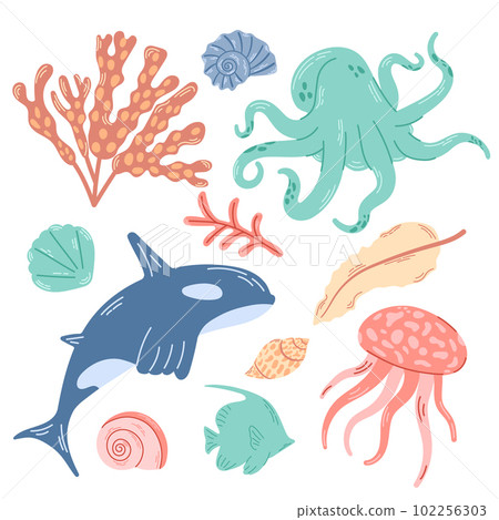 Square background with marine animals and plants. Bright illustration of killer whale, octopus, jellyfish and shells with algae. Square background with marine animals and plants. Bright illustration of killer whale, octopus, jellyfish and shells with algae. 102256303