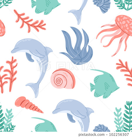 Seamless Marine Life Pattern. Cute ocean background for ocean themes, beach fabrics, summer textiles. Flat vector illustration 102256307