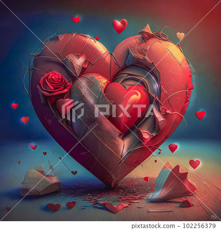 Image of a stylized heart, emotions, love, broken heart. Generative AI 102256379