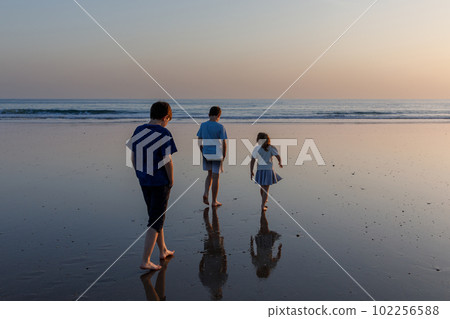 Three kids silhouettes standing on beach at sunset. happy family, two school boys and one little preschool girl. Siblings having fun. 102256588