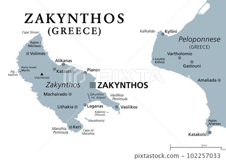 Zakynthos, Greek island, gray political map. Also Zakinthos or Zante, a part of the Ionian Islands of Greece, and a separate regional unit, with the same named capital Zakynthos. Illustration. Vector. 102257033