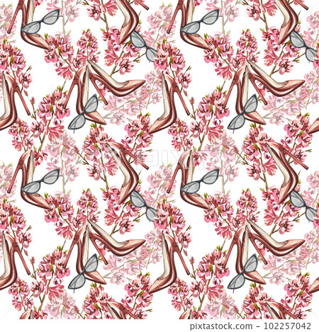 Seamless pattern pair of shoes with high heels, sunglasses, flowers isolated on white. Watercolor hand draw illustration 102257042