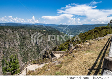 Hiking through the Canyon del Sil in Parada de Sil in Galicia, Spain, Europe 102257096