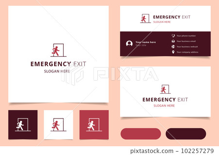 Emergency exit logo design with editable slogan. Branding book and business card template. 102257279