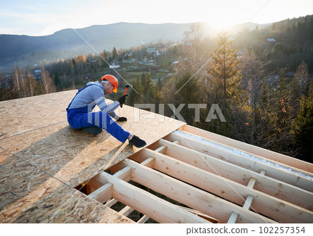 Carpenter hammering nail into OSB panel on the roof top of future cottage at sunset. Man worker building wooden frame house. Carpentry and construction concept. 102257354