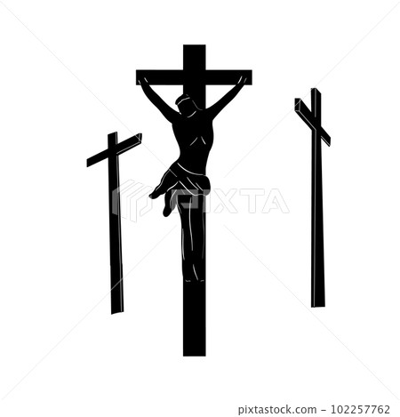 Biblical vector illustration. Jesus Christ on the cross. Three crosses. Calvary 102257762