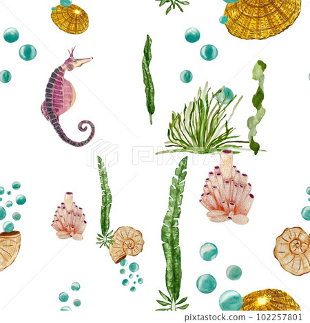 Sea horse shell seaweed coral watercolor pattern Sea horse shell seaweed coral watercolor pattern 102257801