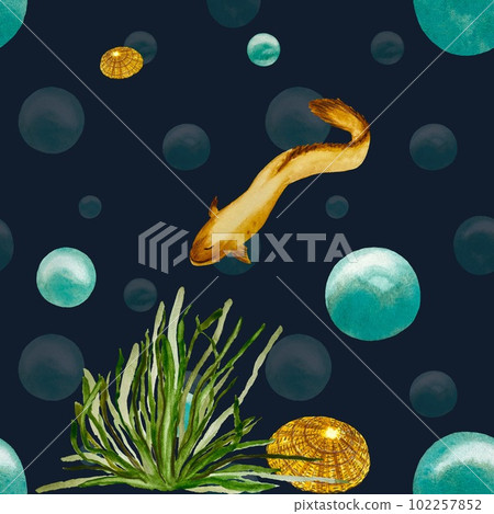 Seaweed eel bubbles shell blue watercolor sketch  102257852