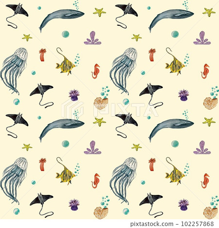 Whale jellyfish fish sea beige pattern watercolor Whale jellyfish fish sea beige pattern watercolor 102257868