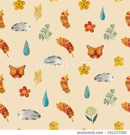 Flower butterfly drop cloud textured beige pattern 102257885
