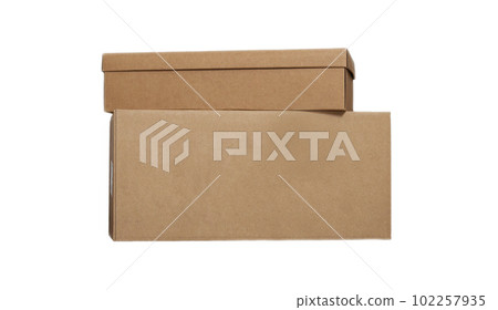 Closed cardboard box taped up and isolated on a white background. suitable for packaging, copy space for logo or text. delivery service concept 102257935